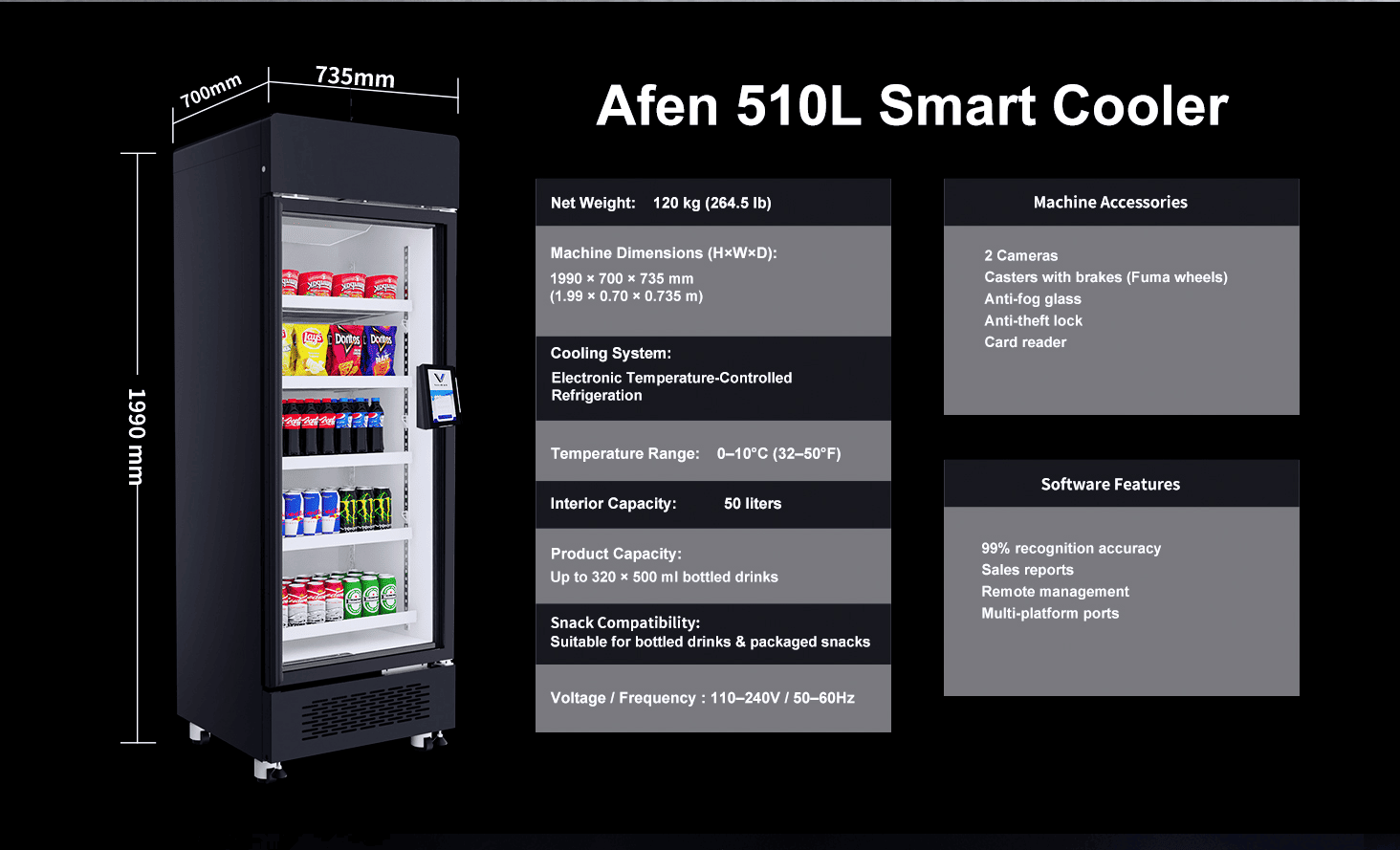 AFENスマートクーラーAI自動販売機510L寸法と容量 コンパクトな設置面積で小売ROIを最大化するAFEN AI自動販売機の高密度ストレージ容量